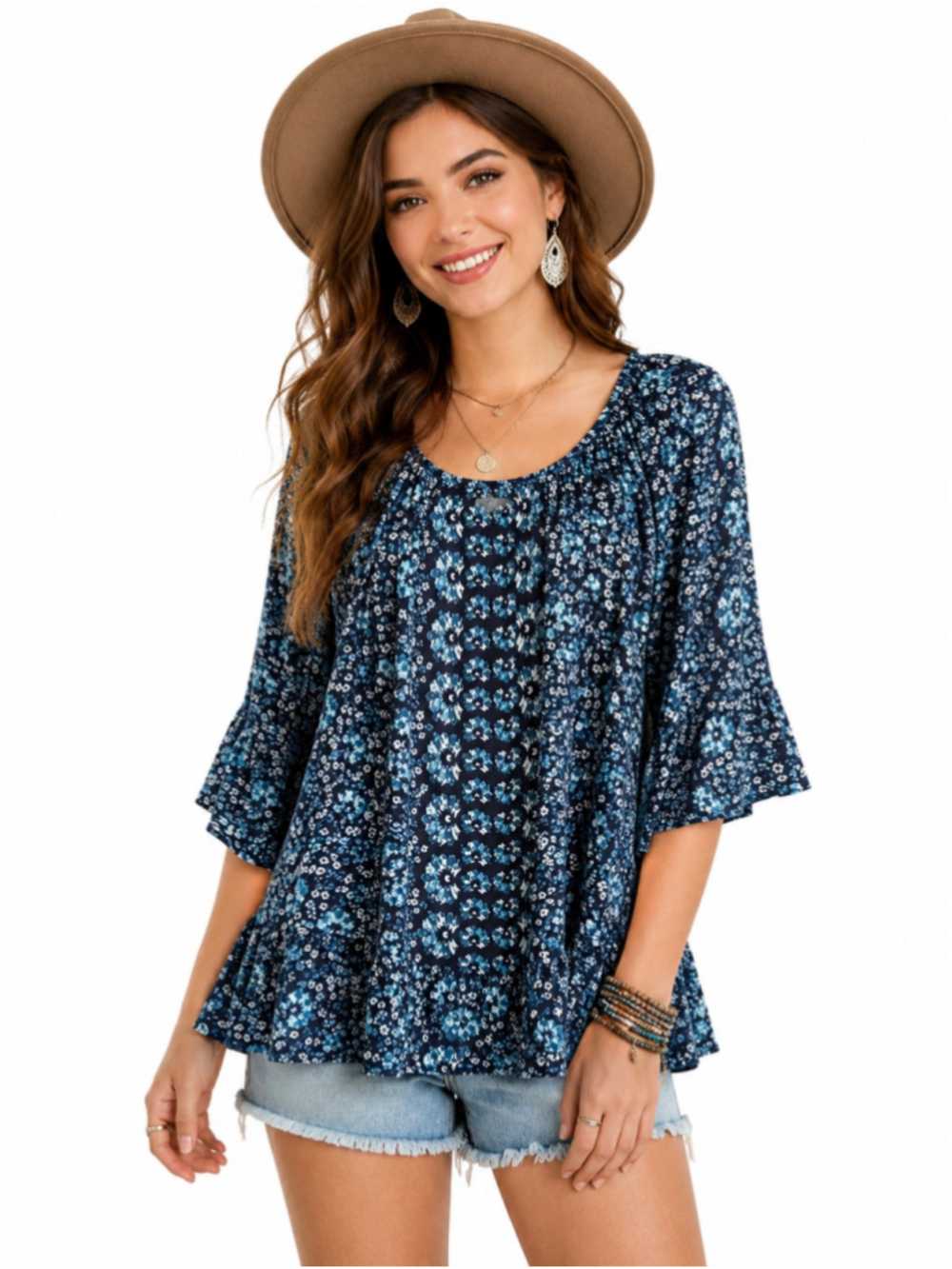 Style & Co Blue Floral Peasant Blouse 3/4 Flutter Sleeve Boho Top Size S